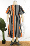 Multicolor Casual Print Patchwork V Neck Short Sleeve Dress Plus Size Dresses
