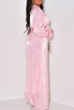 Розовые сладкие однотонные лоскутные платья с круглым вырезом и длинными рукавами
