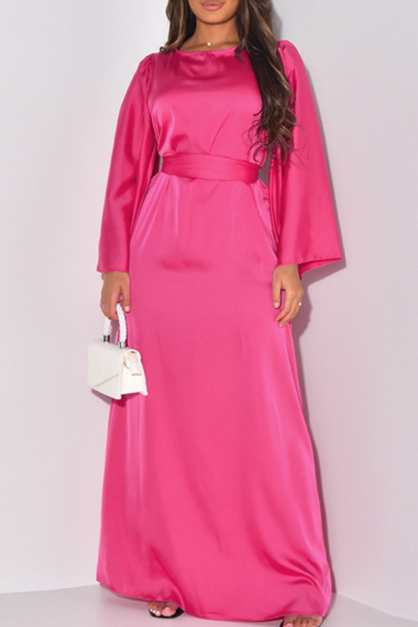 Rosarotes, elegantes, einfarbiges Patchwork-Kleid mit O-Ausschnitt und langem Kleid