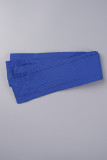 Azul casual sólido bandagem patchwork fivela turndown colarinho vestidos plus size