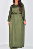 Армейско-зеленые элегантные однотонные лоскутные платья с круглым вырезом и длинными рукавами
