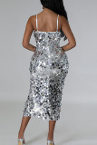Zilveren sexy elegante effen pailletten patchwork hoge opening rits spaghetti avondjurk jurken