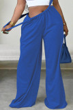 Azul marino Casual calle parches lisos sueltos cintura baja pierna ancha pantalones de color sólido