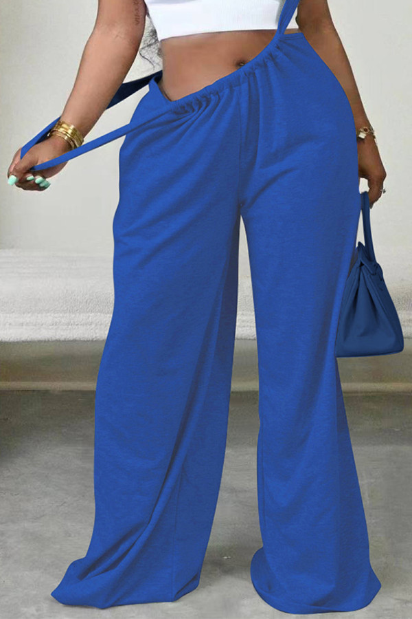 Pantaloni in tinta unita a vita bassa con gamba larga e patchwork solido casual blu navy