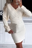 Apricot Casual Solid Basic V Neck Long Sleeve Dresses