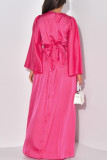 Розово-красные элегантные однотонные лоскутные платья с круглым вырезом и длинными рукавами
