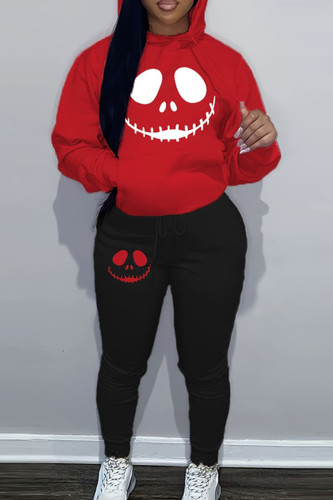 Red Black Casual Print Patchwork Draw String Pocket Hooded Collar Long Sleeve Two Pieces