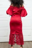 Красные повседневные однотонные лоскутные длинные платья с открытыми плечами в стиле пэчворк