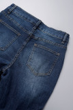 Jeans in denim con taglio a stivale, vita alta, strappati, casual, blu scuro