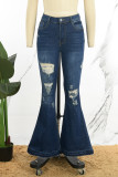 Deep Blue Casual Solid Ripped High Waist Boot Cut Flare Denim Jeans