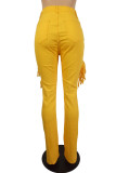 Gelbe, legere, einfarbige Skinny-Denim-Jeans mit Quasten und Rissen und mittlerer Taille