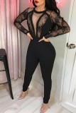Zwarte sexy casual effen patchwork doorzichtige skinny jumpsuits met O-hals