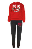 Red Black Casual Print Basic Hooded Collar Long Sleeve Two Pieces