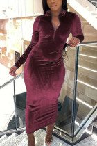 Вино-красное модное уличное платье с длинными рукавами до середины икры для взрослых, однотонное лоскутное платье с круглым вырезом и длинными рукавами