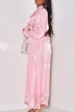 Розовые сладкие однотонные лоскутные платья с круглым вырезом и длинными рукавами