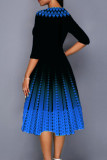 Vestidos azuis elegantes com estampa patchwork com decote em O