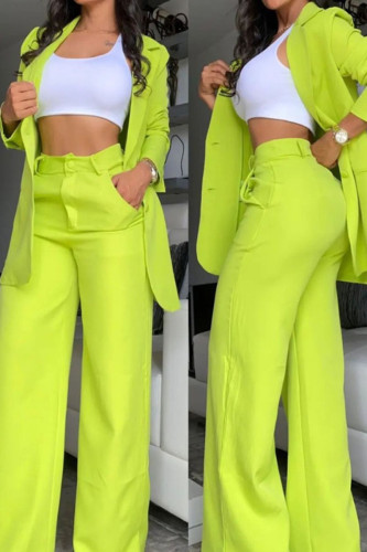 Green Yellow Casual Solid Patchwork Buttons Turn-back Collar Long Sleeve Two Pieces