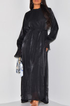 Schwarzes, süßes, einfarbiges Patchwork-Kleid mit O-Ausschnitt und langem Kleid