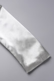 Silver Casual Solid Patchwork Turndown-krage Långärmade Klänningar