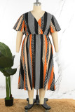 Veelkleurige casual print patchwork jurk met V-hals en korte mouwen Grote maten jurken