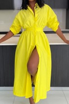 Vestido camisero con cuello vuelto de retazos liso informal amarillo Vestidos