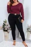 Burgundy Casual Solid Basic Oblique Collar Plus Size Tops