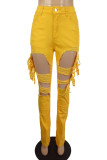 Желтые повседневные однотонные джинсовые джинсы скинни с рваными кисточками и средней талией