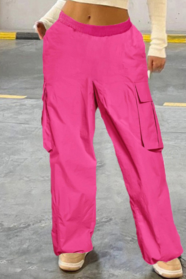 Розово-красные повседневные однотонные базовые обычные однотонные брюки с высокой талией