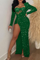 Зеленые сексуальные лоскутные блестки с разрезом и V-образным вырезом, длинные платья