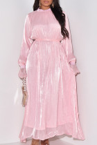ピンク スイート ソリッド 包帯パッチワーク O ネック ロング ドレス ドレス
