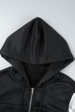 Black Street Solid Patchwork Draw String Zipper Hooded Collar Long Sleeve Two Pieces