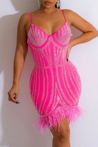 Pink Sexy Patchwork Hot Drilling Feathers Backless Spaghetti Strap Wrapped Skirt Dresses