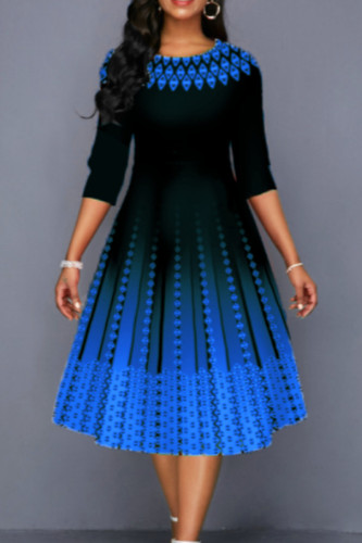 Blauwe elegante print patchwork O-hals A-lijn jurken