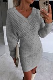 Grey Casual Solid Basic V Neck Long Sleeve Dresses