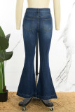 Azul profundo casual sólido rasgado cintura alta corte bota jeans jeans