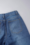 Blauwe casual effen skinny denim jeans met hoge taille en scheuren