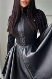 ブラック カジュアル ソリッド パッチワーク マンダリン カラー ロング スリーブ ドレス