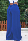 Azul marinho casual rua sólido retalhos solto cintura baixa perna larga cor sólida bottoms