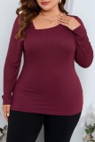 Burgundy Casual Solid Basic Oblique Collar Plus Size Tops
