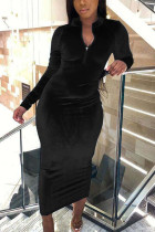 Negro moda calle adulto Pleuche parches lisos cuello redondo manga larga media pantorrilla vestido de manga larga vestidos