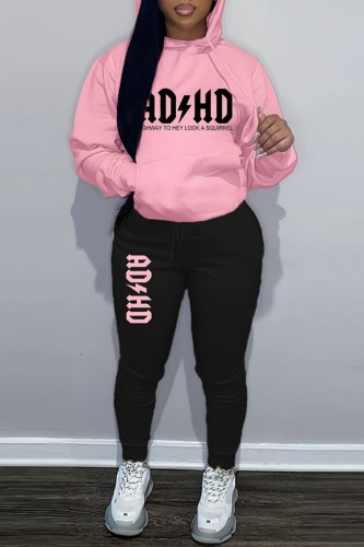 Pink Black Casual Letter Print Basic Hooded Collar Long Sleeve Two Pieces