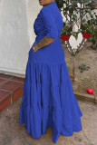 Azul casual sólido bandagem patchwork fivela turndown colarinho vestidos plus size