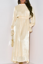 Cremeweißes, süßes, einfarbiges Patchwork-Kleid mit O-Ausschnitt und langem Kleid