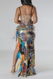 Meerkleurige sexy formele patchwork pailletten veren rugloze split spaghetti avondjurk jurken