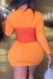 Orange Casual Patchwork Kontrast U-hals långärmade klänningar