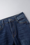 Tiefblaue, legere, einfarbige, zerrissene Boot-Cut-Denim-Jeans mit hoher Taille
