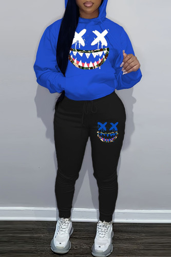 Blue Black Casual Graphics Print Hooded Collar Long Sleeve Sweatshirt And Draw String Pocket Skinny Pants Two Pieces Jogger Sets