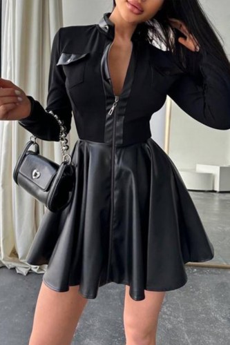 Black Casual Solid Patchwork Mandarin Collar Long Sleeve Dresses