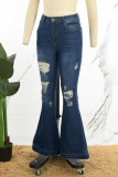 Diepblauwe casual effen gescheurde denim jeans met hoge taille en bootcut