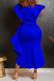 Blue Casual Solid Flounce V Neck Irregular Dress Dresses (Without Belt)